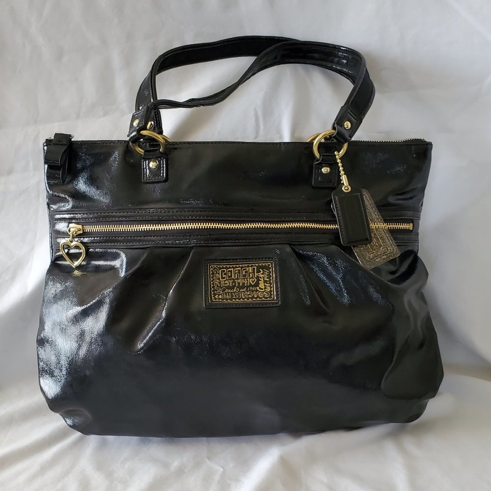 COACH F20004 POPPY DAISY LIQUID GLOSS BLACK XLARGE TOTE/SHOULDER BAG